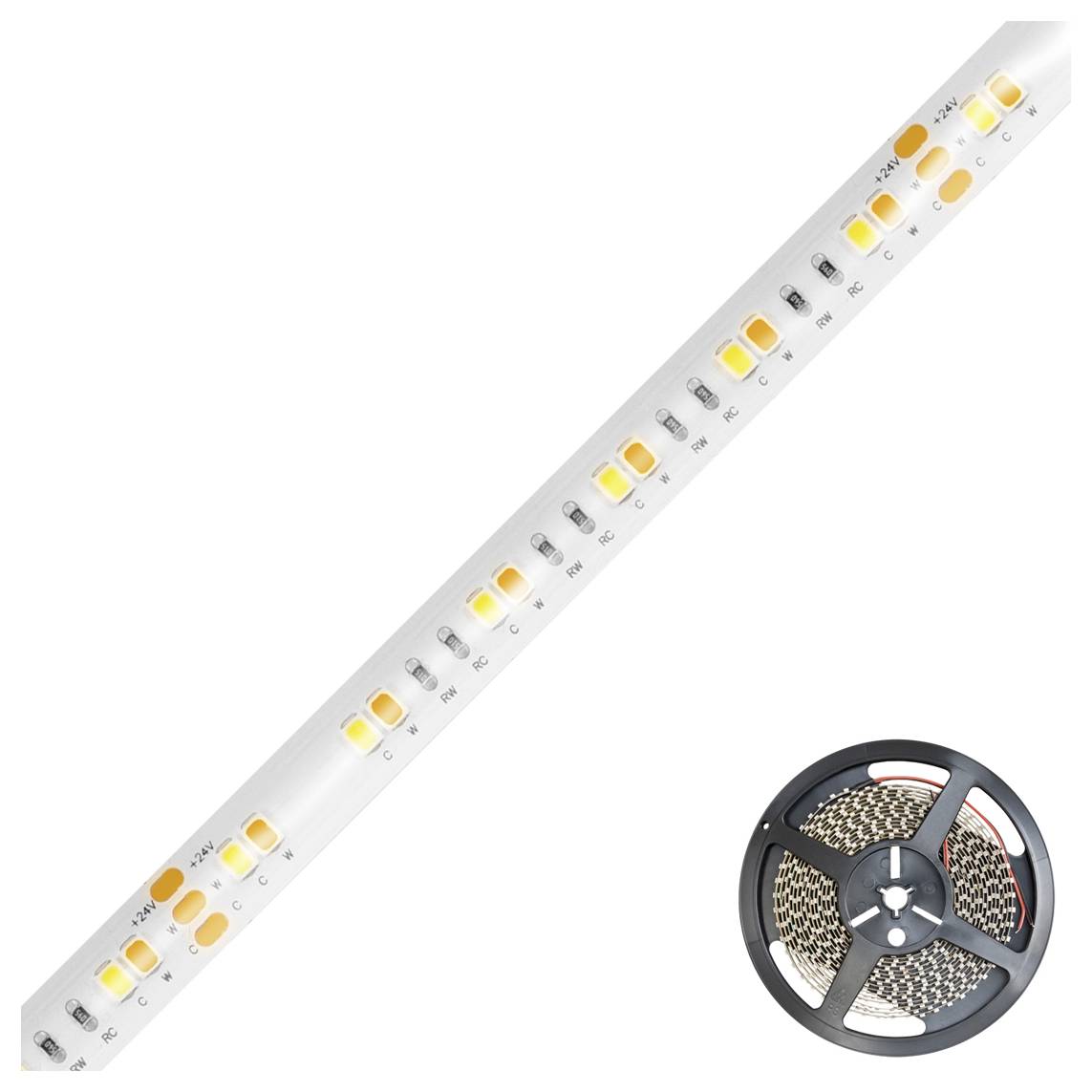 Un rouleau de bandelettes lumineuses LED présenté en diagonale, avec une bobine en bas à droite affichant la bande enroulée.