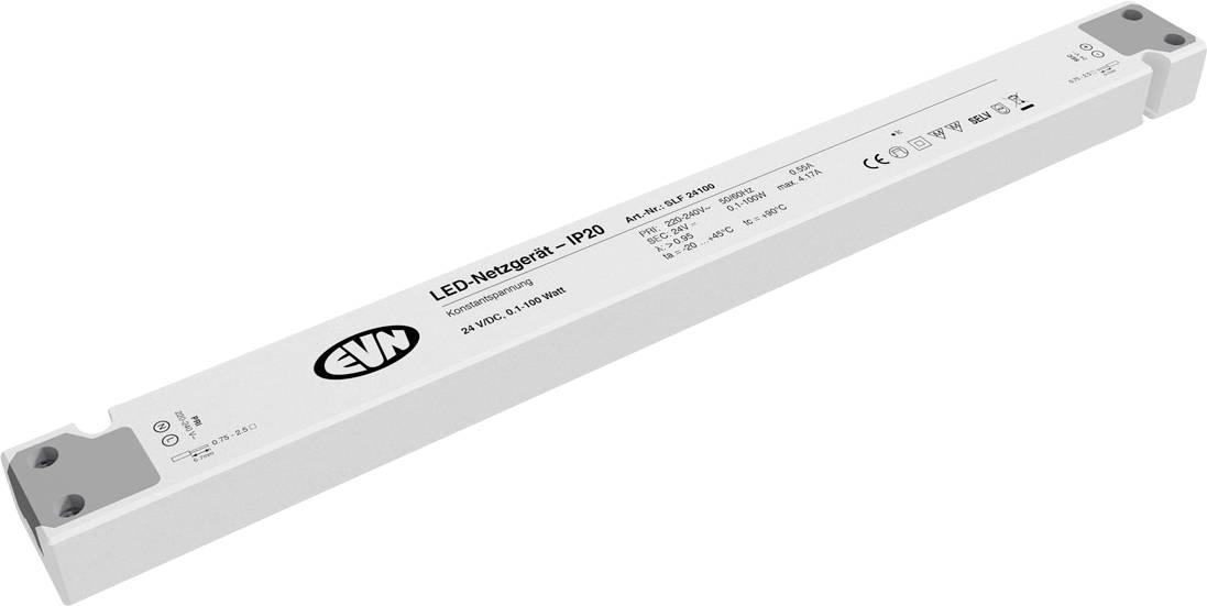 Bloc d'alimentation du pilote LED blanc présenté en perspective, étiqueté « LED-Nezator-1 IP25 » avec la marque EVN et les extrémités de montage.