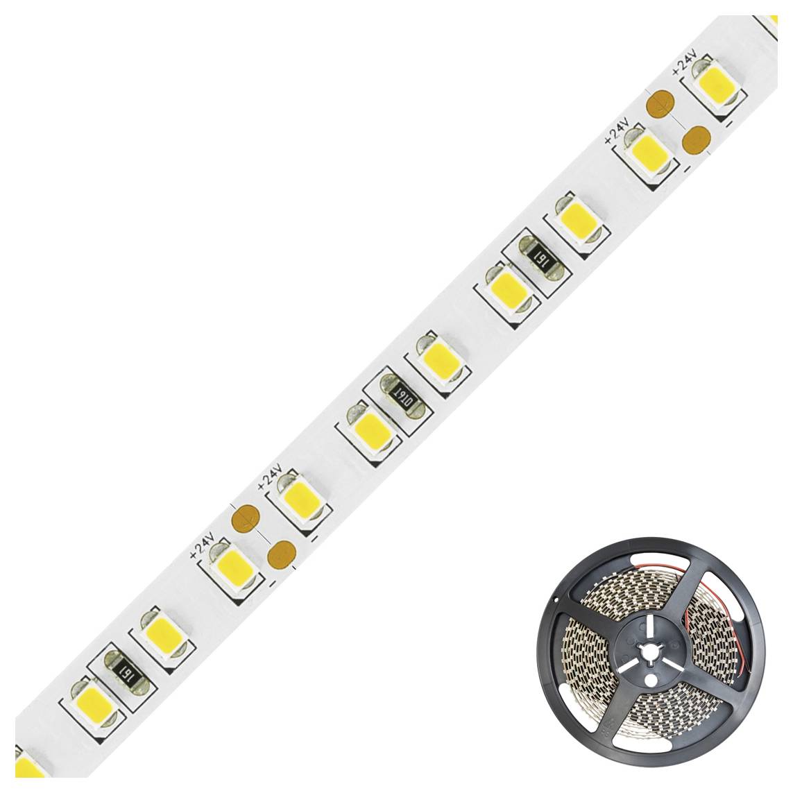 Bande lumineuse LED sur une bobine, présentée en diagonale avec des modules de diodes jaunes et des points de coupe sur un fond blanc.