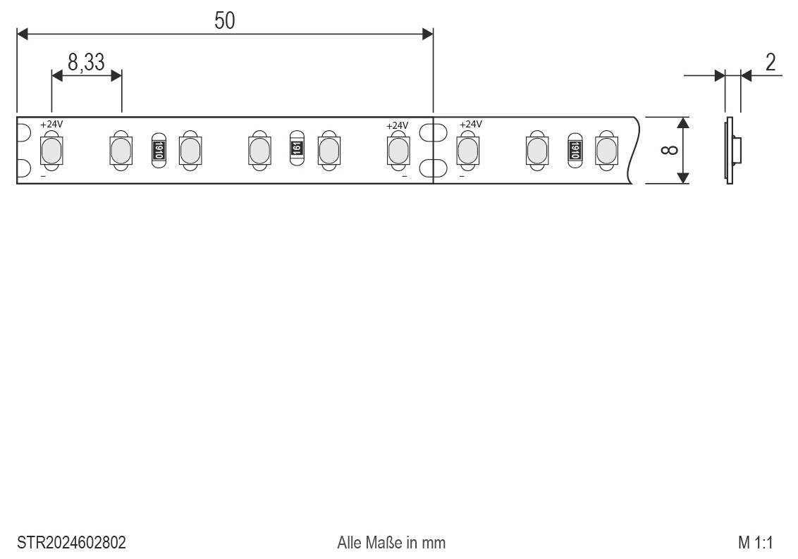 Dessin technique d'un segment de bande LED de 50 mm avec dimensions 50 x 8 x 2 mm, marqué 24V et espacement de 8,33 mm, échelle 1:1.