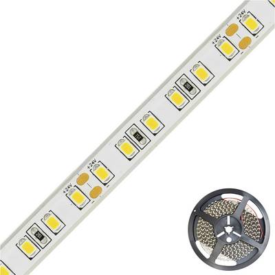 Une bande LED avec des diodes jaunes sur un fond blanc. À côté, un rouleau de la même bande LED.