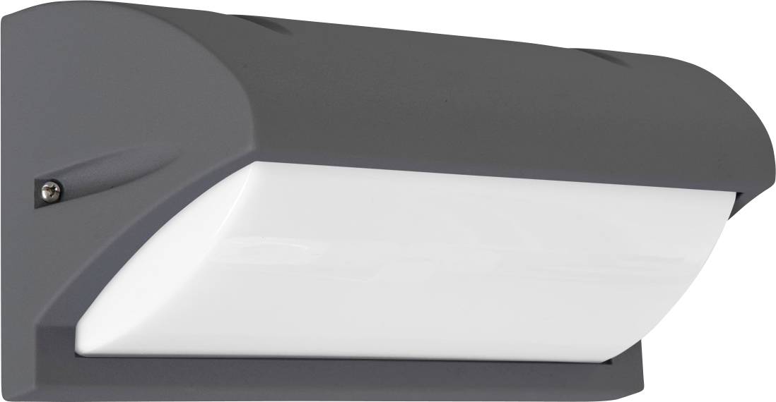 Applique extérieure gris foncé au design rectangulaire, fixée sur un mur. Le luminaire est équipé d'un diffuseur blanc qui disperse la lumière.