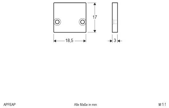 Dessin technique d'une petite plaque carrée avec deux trous, montré en vues de face et de côté ; dimensions 18,5 mm de largeur, 17 mm de hauteur, 3 mm d'épaisseur.