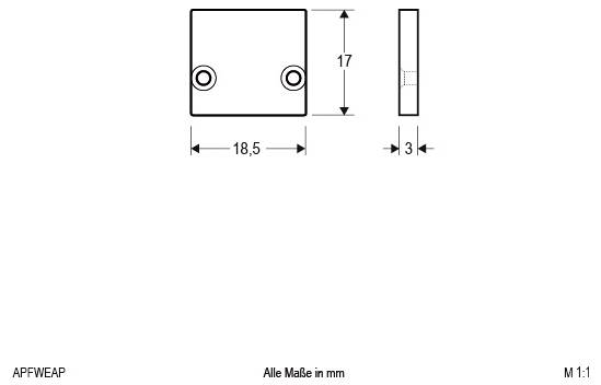 Dessin technique d'une plaque rectangulaire avec deux trous ; les dimensions indiquées sont 18,5 mm de large, 17 mm de haut et 3 mm d'épaisseur.