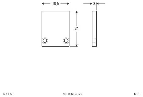 Dessin technique d'une petite plaque rectangulaire, vues de face et de côté, dimensionnée 18,5 mm de largeur, 24 mm de hauteur et 3 mm d'épaisseur, avec deux trous à la base ; toutes les dimensions en millimètres.