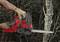 Une personne portant des gants de travail utilise une tronçonneuse rouge pour couper un tronc d'arbre dans une forêt dense.