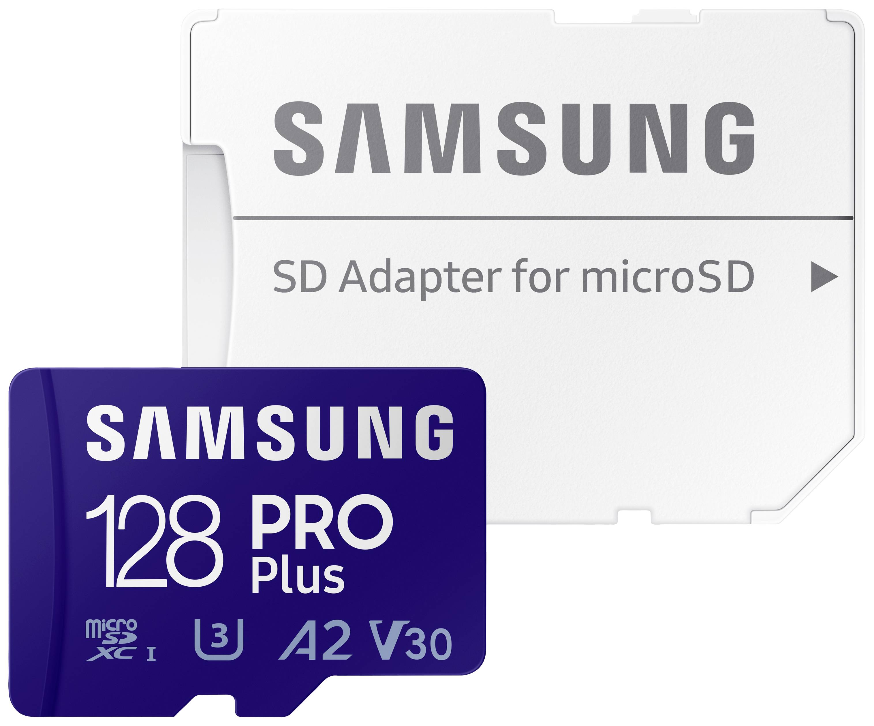 'Carte microSD Samsung 128 Go PRO Plus avec adaptateur SD.'