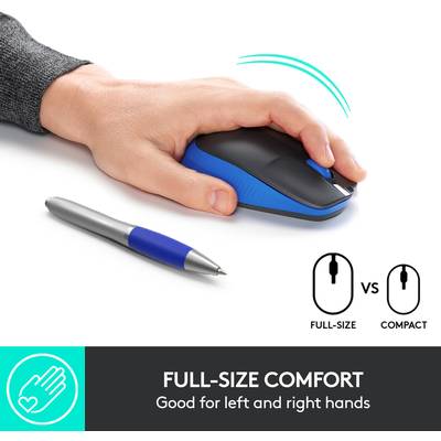 Main tenant une souris ergonomique, à côté un stylo. Texte en bas : 'Confort grâce à un format plus grand'. Convient aux droitiers et aux gauchers.