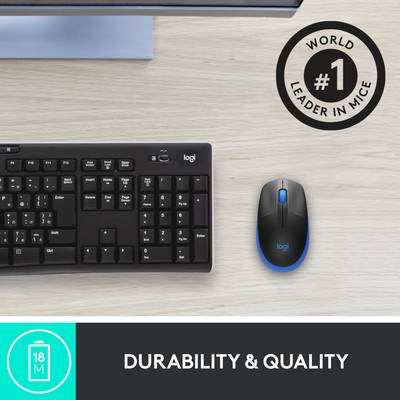 Clavier et souris sur un bureau. Texte en dessous : 'Résistance et qualité'. Au centre : 'Leader mondial des souris'.