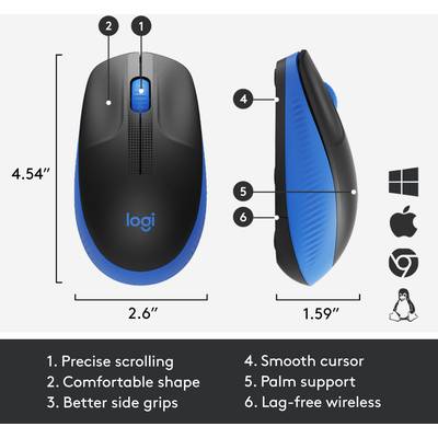 Souris d'ordinateur sans fil en noir et bleu. Fonctionnalités principales : défilement précis, forme ergonomique, curseur fluide. Compatible avec Windows, Mac et Linux. Dimensions indiquées en pouces.