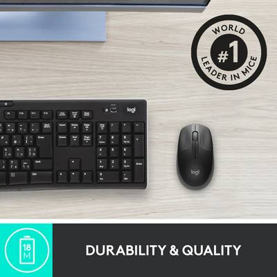 Clavier et souris sur une table, slogan publicitaire : 'Robustesse et qualité', démontrant le leadership sur le marché des souris.