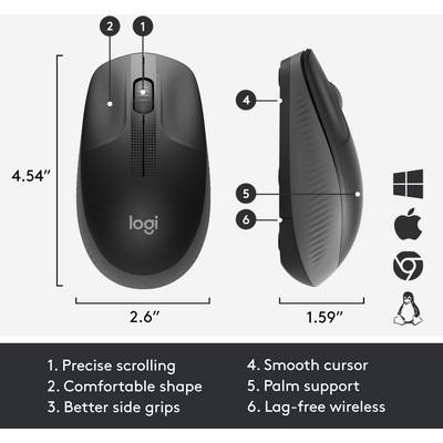 Souris sans fil noire au design ergonomique, avec poignées latérales et cinq boutons. Compatible avec Windows, macOS et Linux.