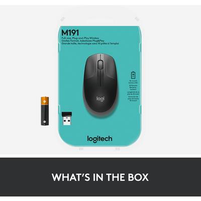 Souris sans fil et récepteur USB sur un emballage de la marque 'Logitech M191', à côté d'une batterie.