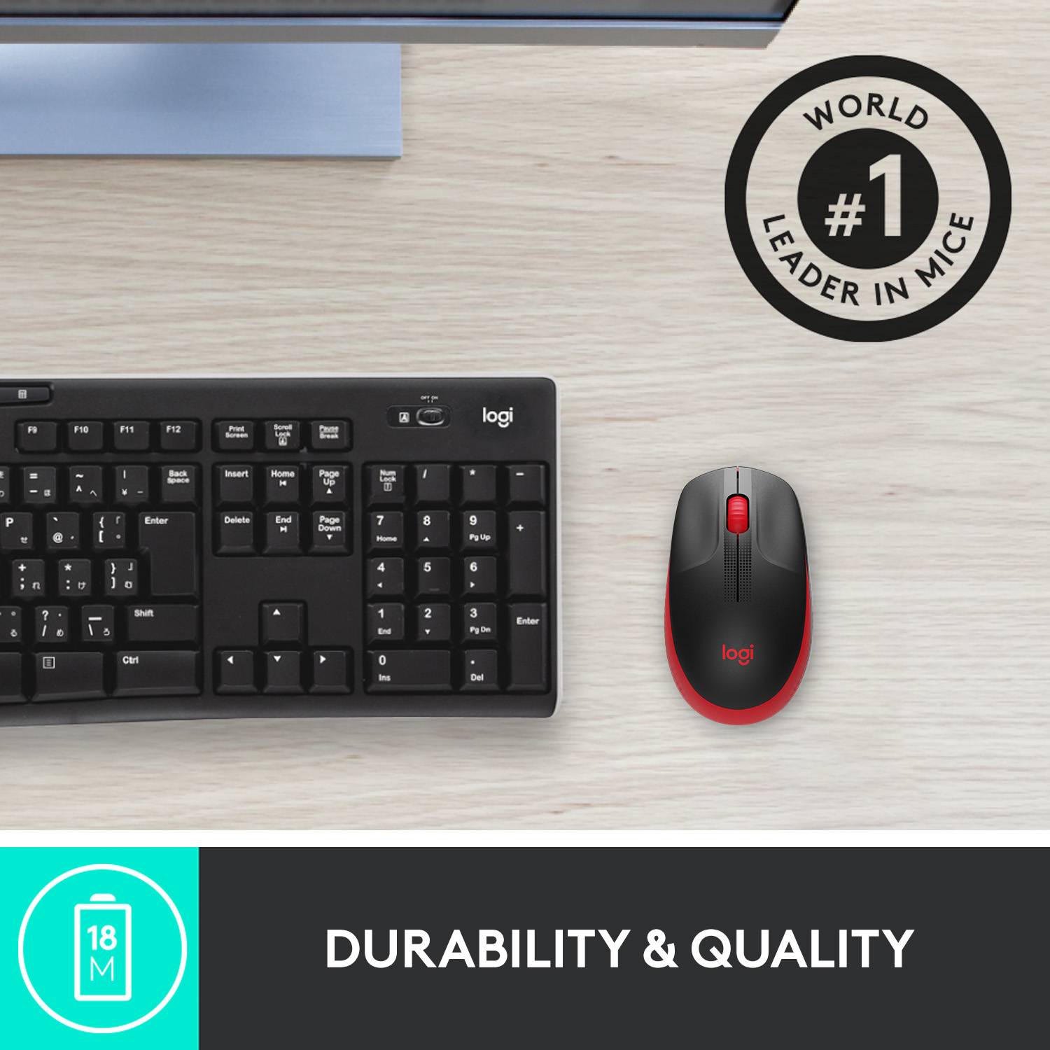 Un clavier noir et une souris noir et rouge sur une table. En haut à droite, un cercle avec l'inscription « #1 Mondial en Souris ». En bas, « Durabilité et Qualité ».