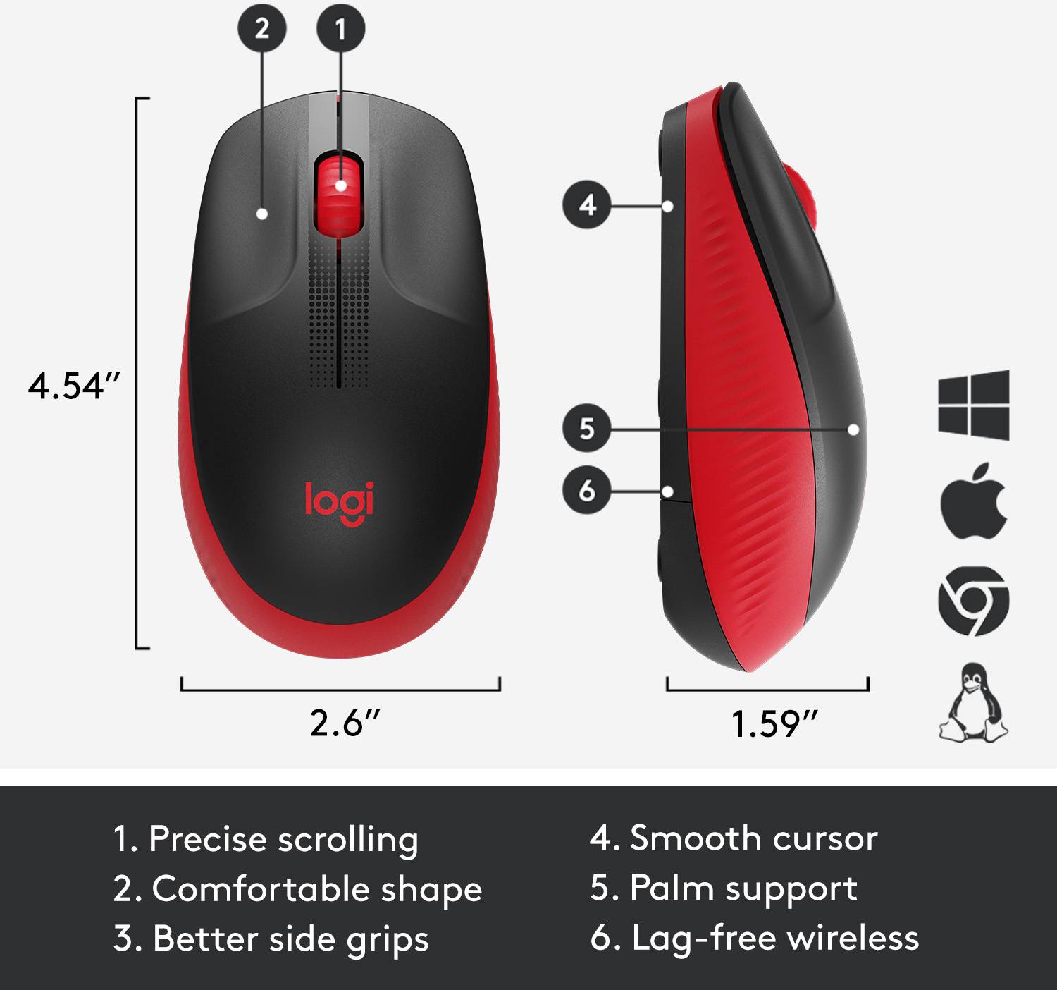 'Souris avec défilement précis, design confortable et surfaces de préhension améliorées. Dimensions : 115 mm x 57 mm x 40 mm. Compatible avec Windows, macOS, Linux.'