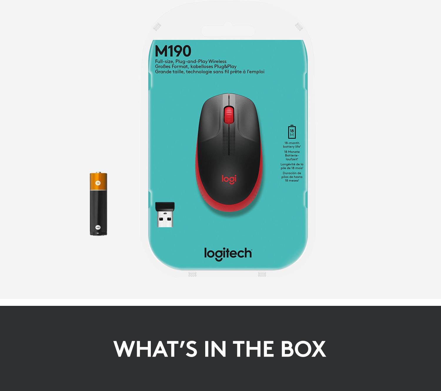 Emballage de la souris sans fil Logitech M190 Full-Size avec une illustration de la souris et de la batterie. En haut à gauche se trouve le nom du modèle, et en bas le logo Logitech.