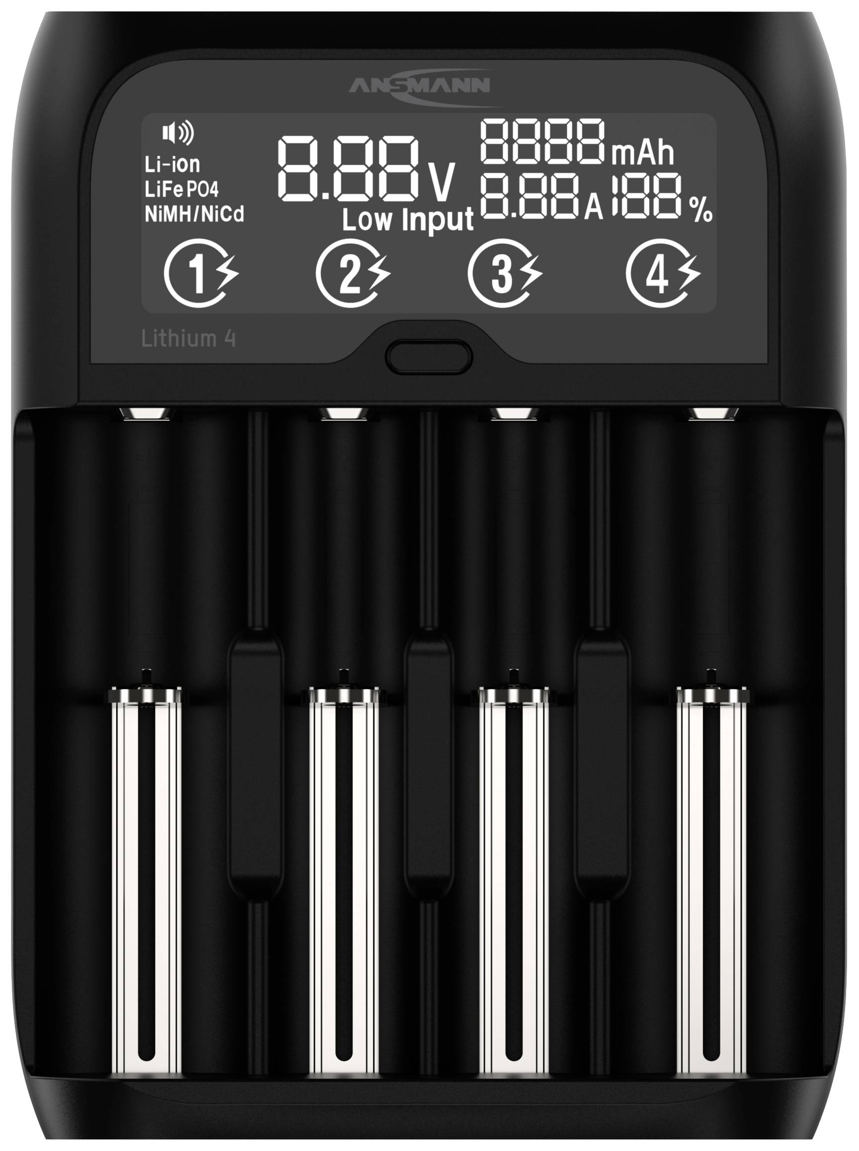Chargeur de batterie quadruple avec affichage numérique. Permet de charger les batteries : Li-ion, LiFePo4, NiMH/NiCd. Indication de l'état de charge en pourcentage.