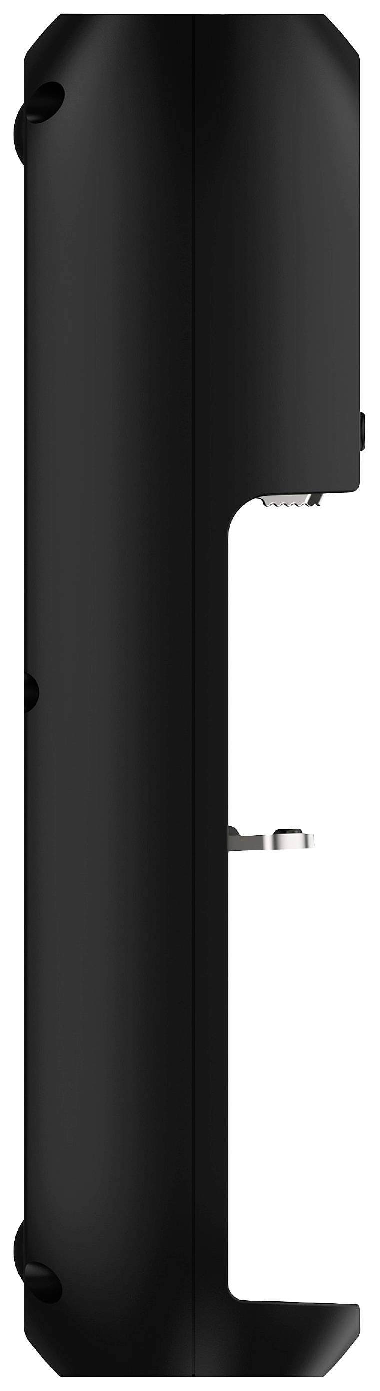 Vue latérale d'un appareil noir rectangulaire aux coins arrondis.