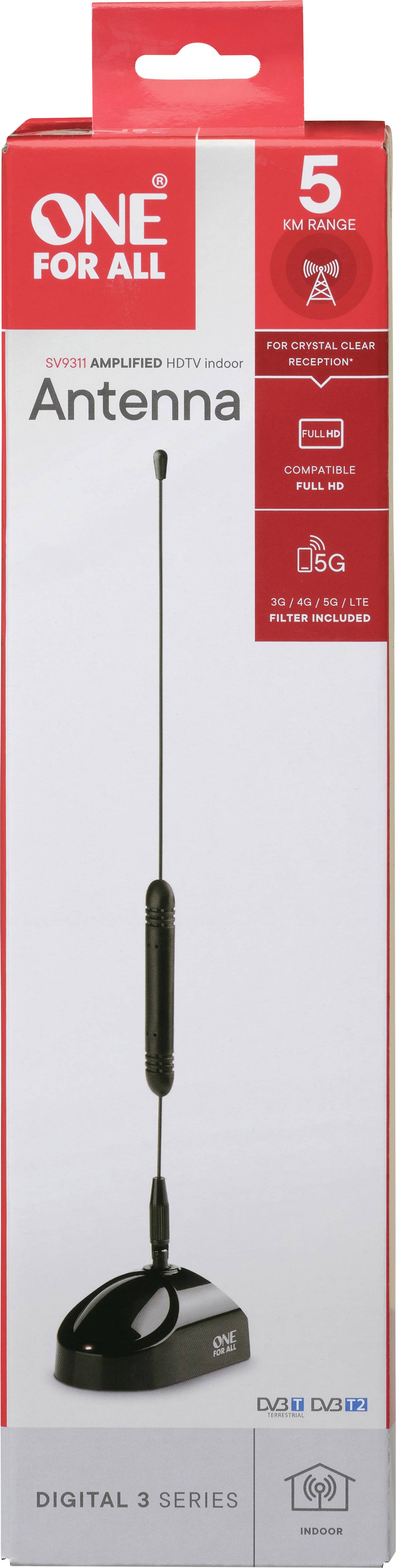 One For All SV 9311-5G Antenne fouet DVB-T/T2 passive intérieure noir-4