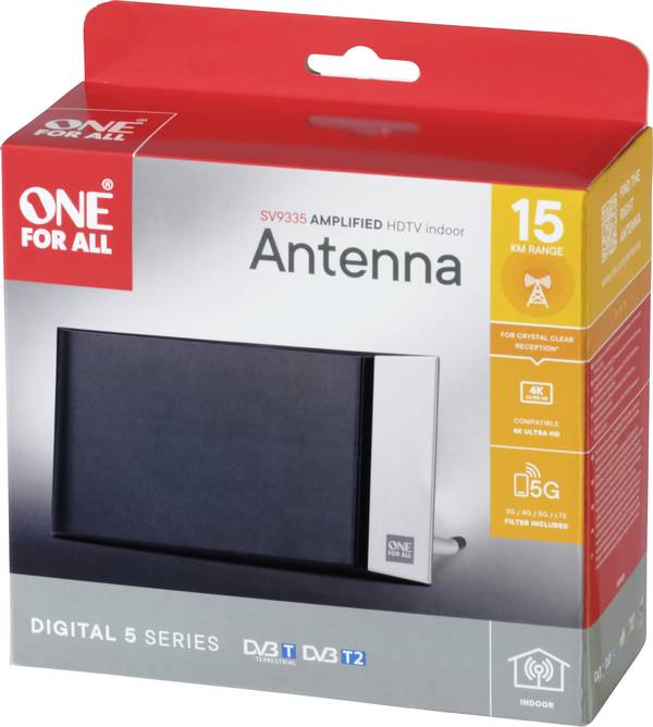 One For All SV 9335-5G Antenne plate DVB-T/T2 passive intérieure noir, argent
