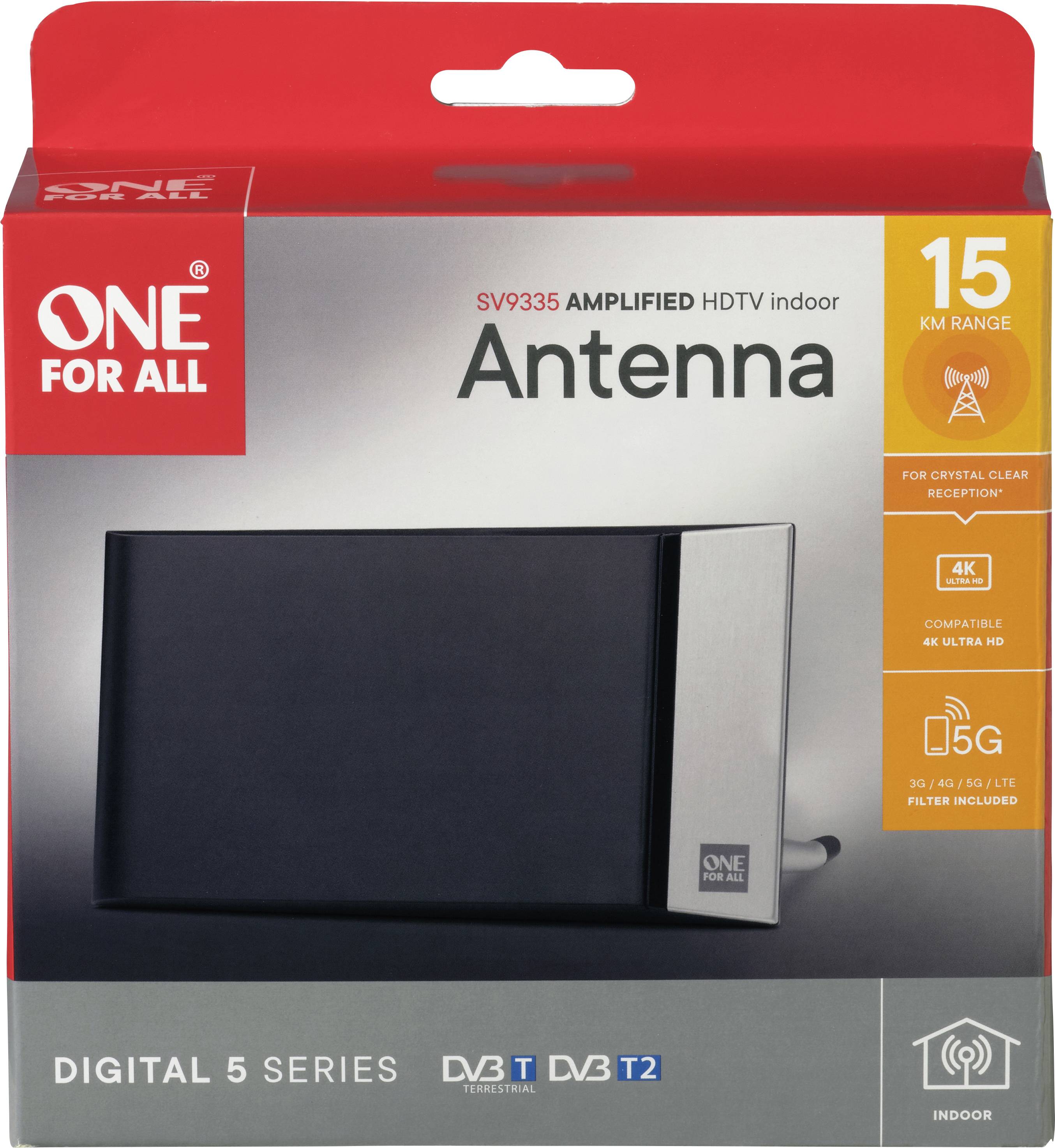 Emballage d'une antenne intérieure HDTV 'One For All'. Détails : SV9335, amplifiée, portée de 15 km, compatible DVB-T/T2 et 4K.