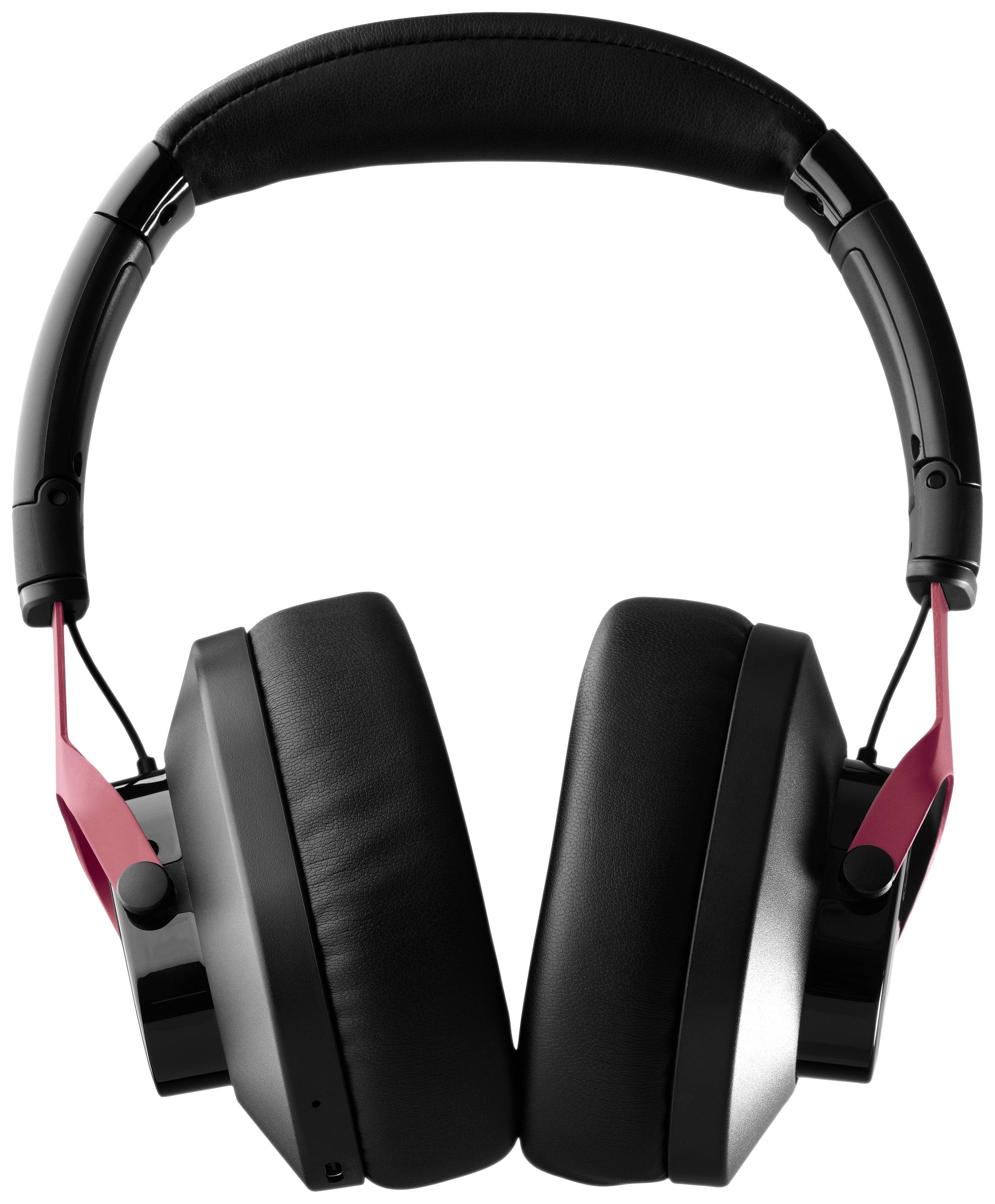 Casque audio noir avec de larges coussinets d'oreille et des touches rouges, isolé sur fond blanc.