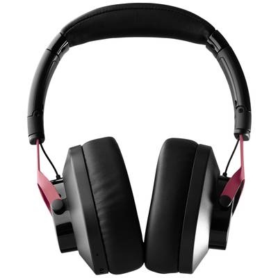 Casque audio noir avec de larges coussinets d'oreille et des touches rouges, isolé sur fond blanc.