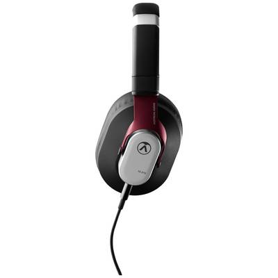 Casque audio au design rouge et noir, avec un long câble et des coussinets d'oreille noirs. Adapté pour la lecture de musique et de son.