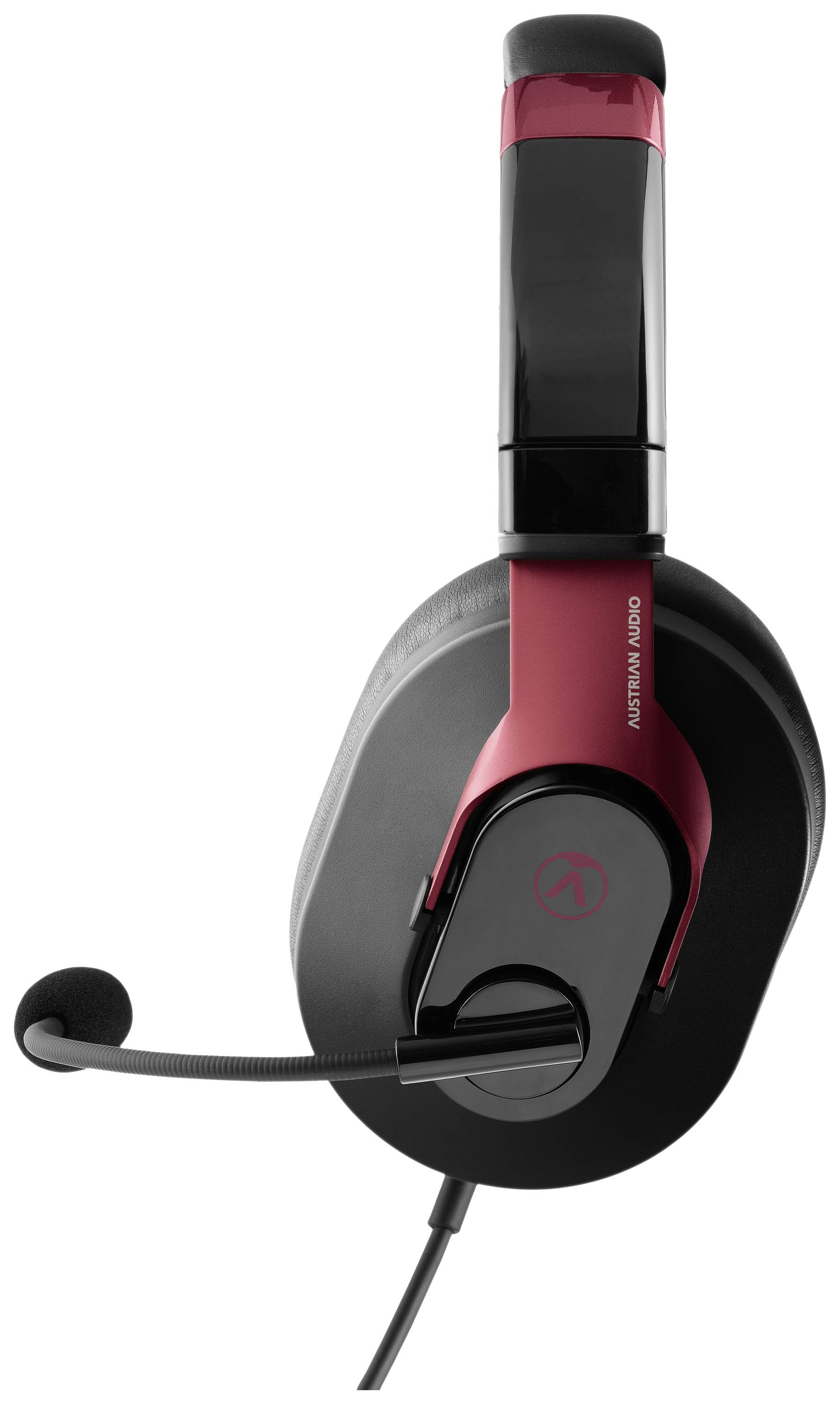 Casque filaire en noir et rouge avec perche microphone. Adapté pour le gaming ou la communication de bureau.