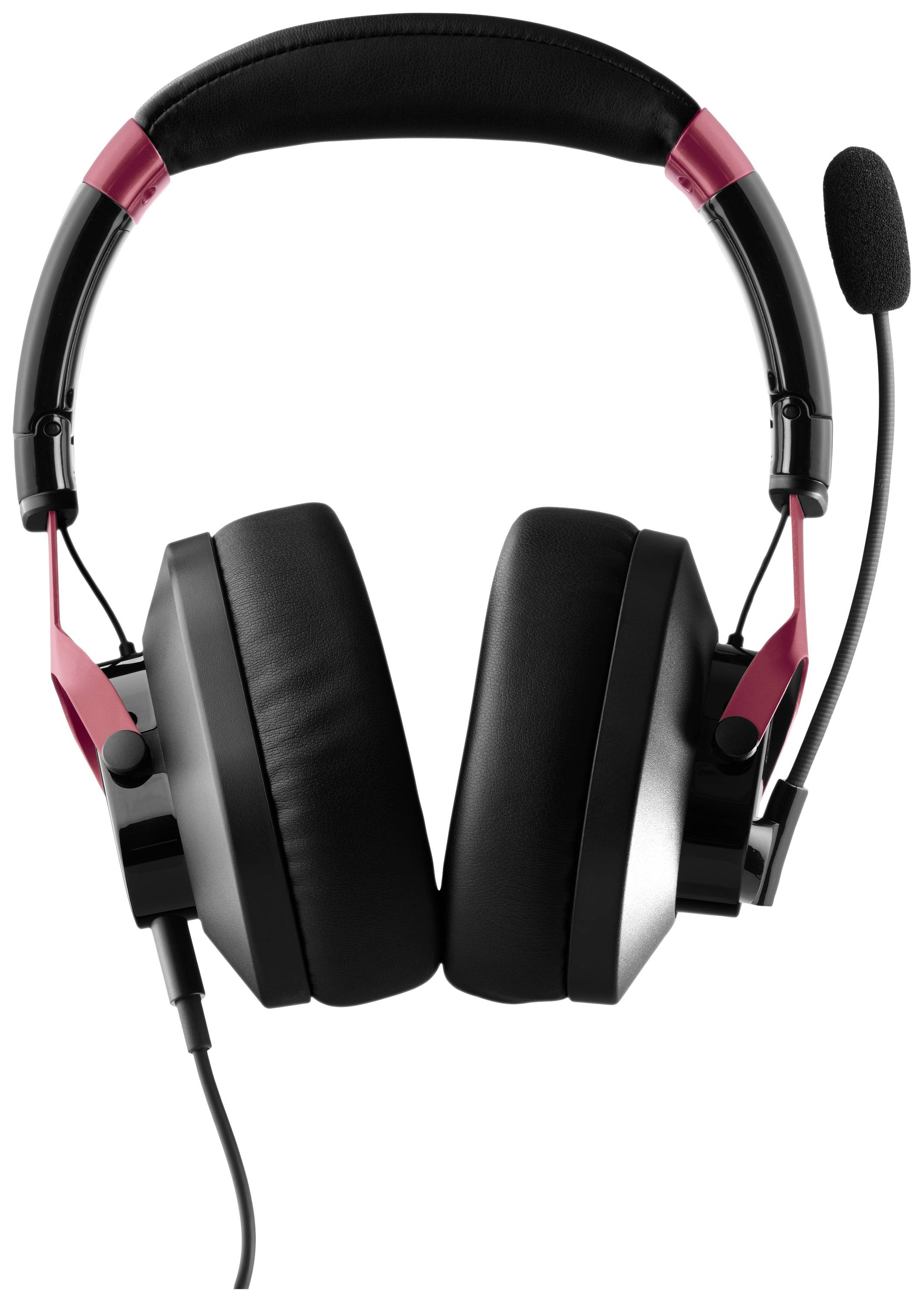 Casque gaming noir avec accent rouge et microphone, adapté pour la communication et les expériences de jeu immersives.