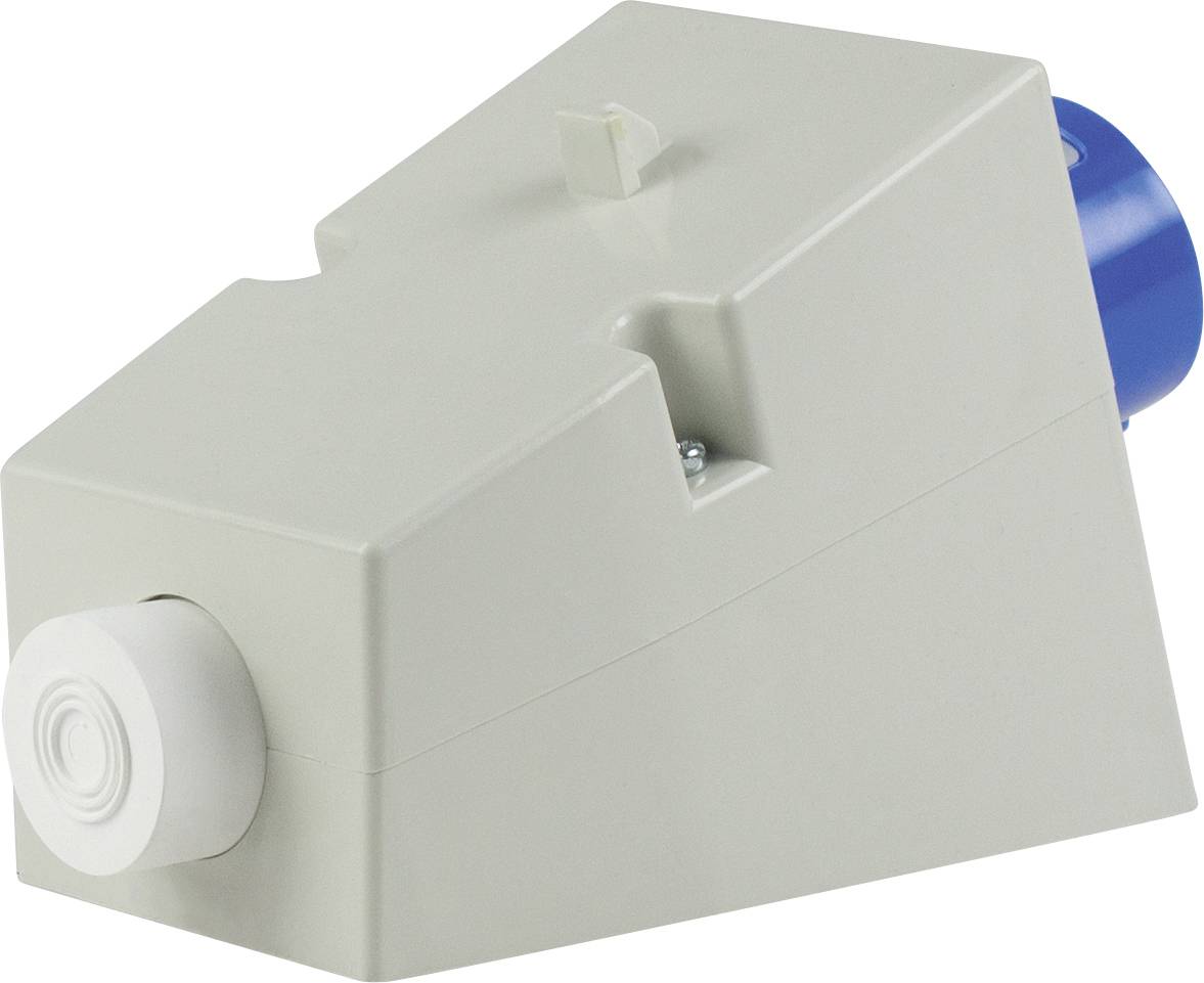Un boîtier de connecteur électrique blanc et bleu à forme coudée, conçu pour des applications industrielles.
