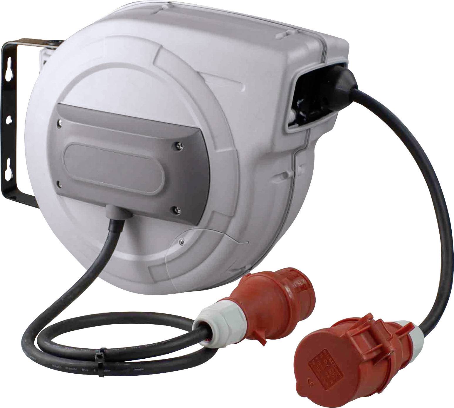 Un enrouleur de câble automatique avec une fiche et un couplage industriels rouges, monté dans un boîtier gris pour fixation murale.