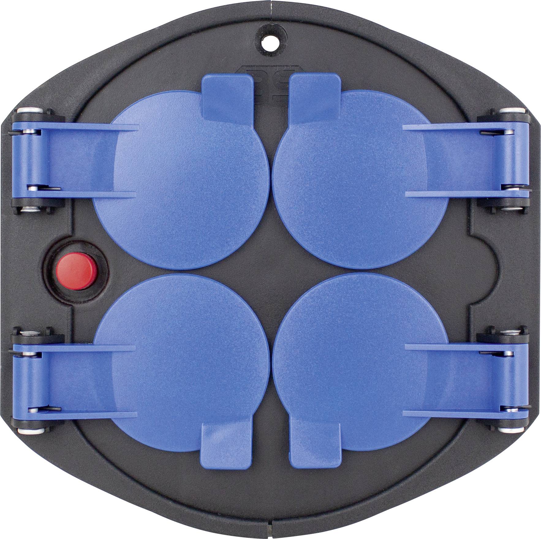 Base carrée noire avec quatre couvercles rabattables bleus et un bouton rouge dans le coin supérieur gauche. Détails de fonctionnement non visibles.
