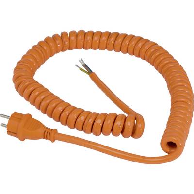 Un câble spiralé orange avec une fiche à une extrémité et des fils dénudés à l'autre extrémité.
