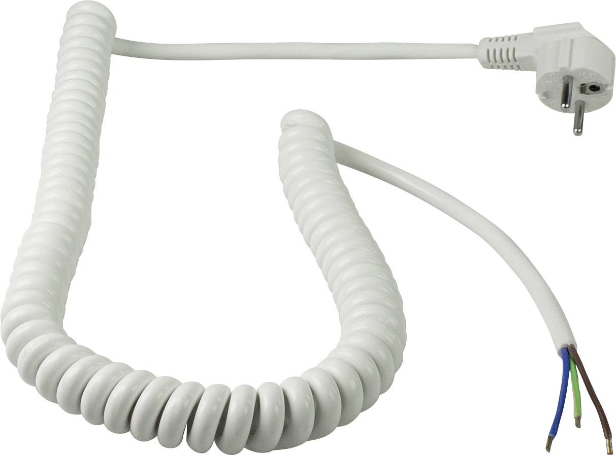 Un câble spiralé blanc avec une fiche européenne d'un côté et des extrémités dénudées de l'autre. Adapté pour les installations électriques.