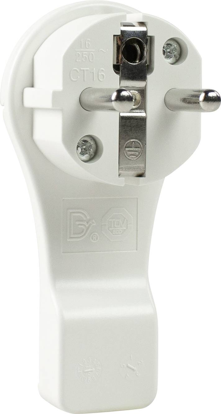 Adaptateur secteur européen blanc à deux broches métalliques et terre, adapté aux appareils électriques en Europe.