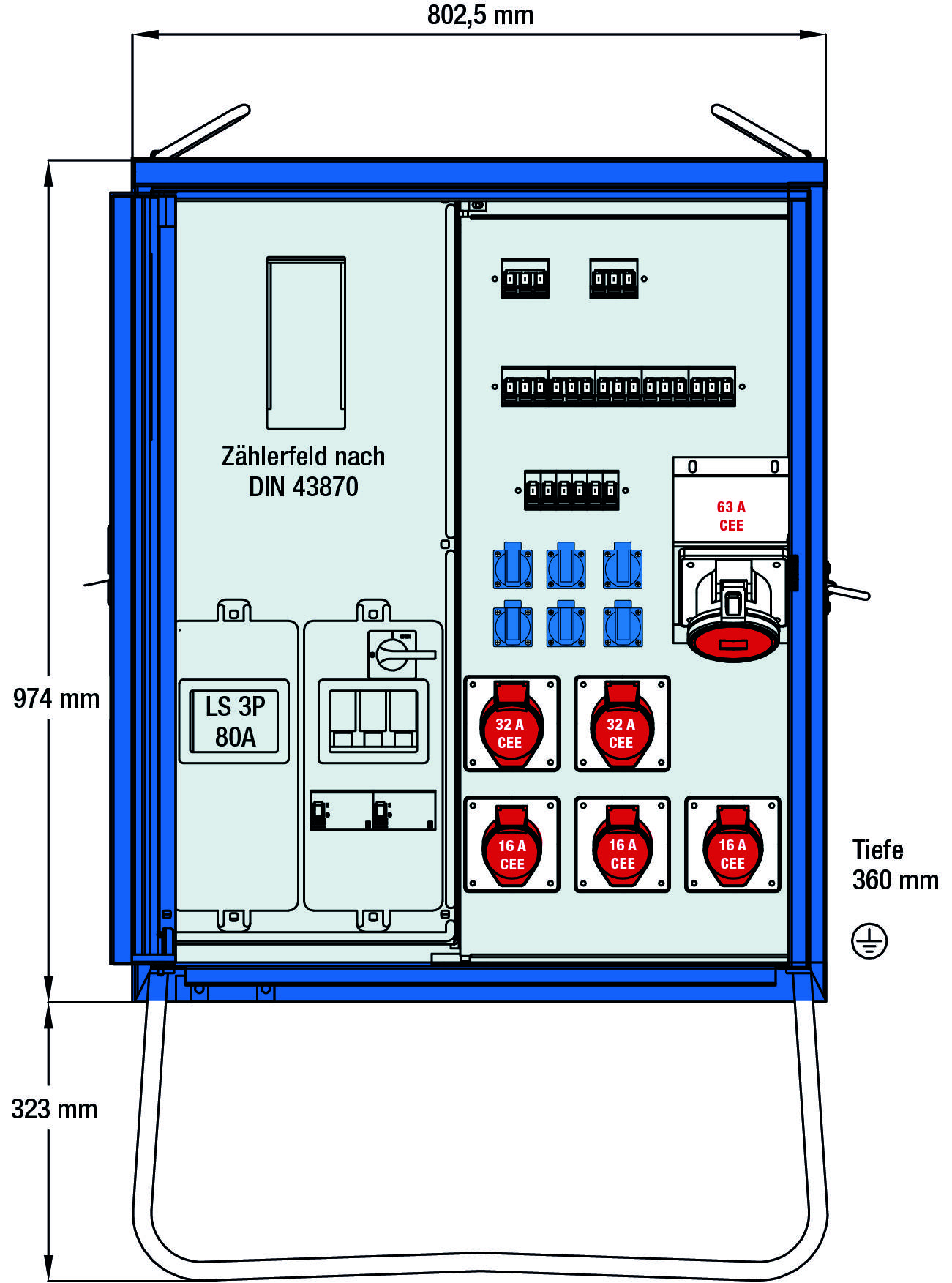 'Armoire électrique avec compartiment de comptage selon DIN 43870. Contient un disjoncteur tripolaire 80A, plusieurs prises CEE (16A et 32A) et des fusibles. Dimensions : 802,5 x 974 x 360 mm.'