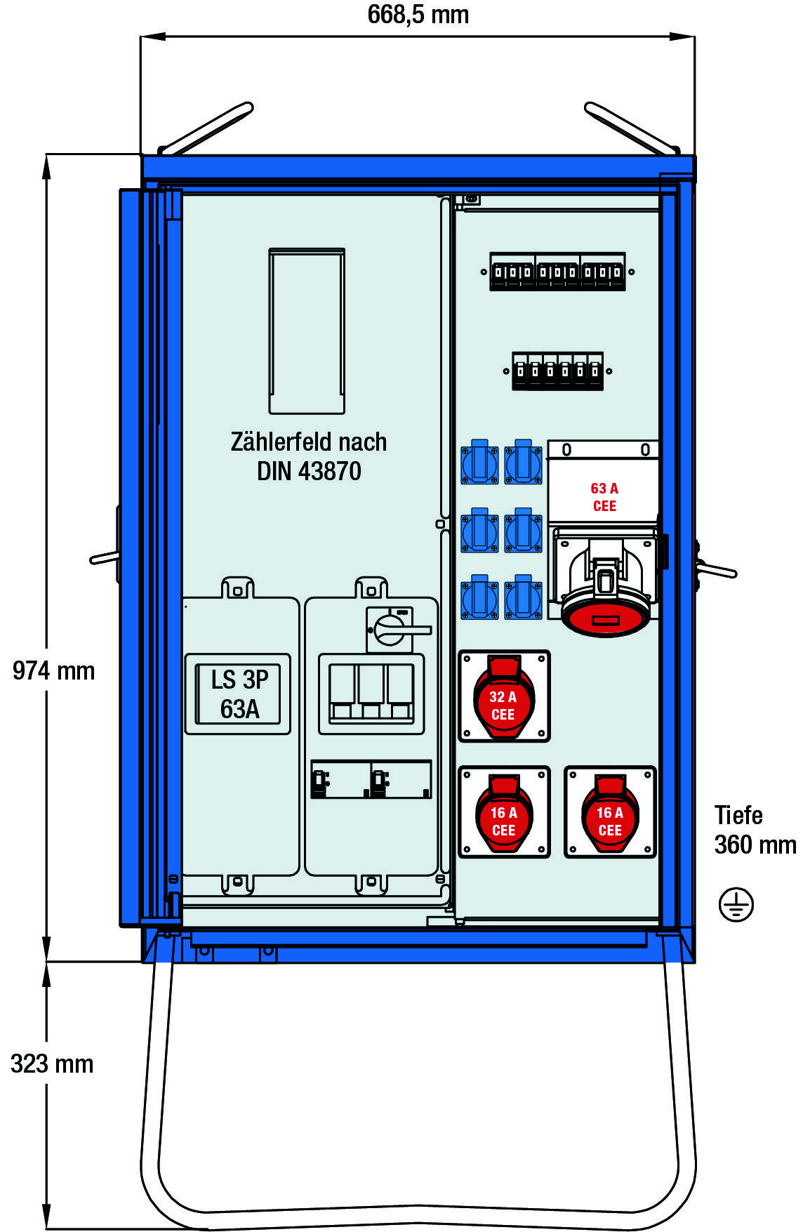 'Armoire électrique avec champ de compteur selon DIN 43870', présente des disjoncteurs, des prises de courant et les dimensions suivantes : 668,5 mm de largeur, 974 mm de hauteur, 360 mm de profondeur.