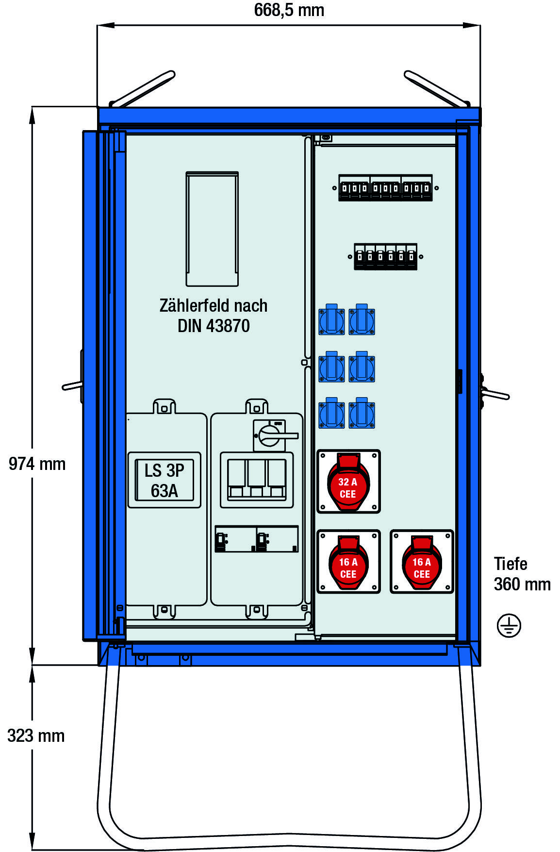 Répartiteur mobile de courant de chantier avec disjoncteurs de protection, prises de courant et compartiment de compteur selon la norme DIN 43870. Dimensions : 668,5 mm de largeur, 974 mm de hauteur, 360 mm de profondeur.