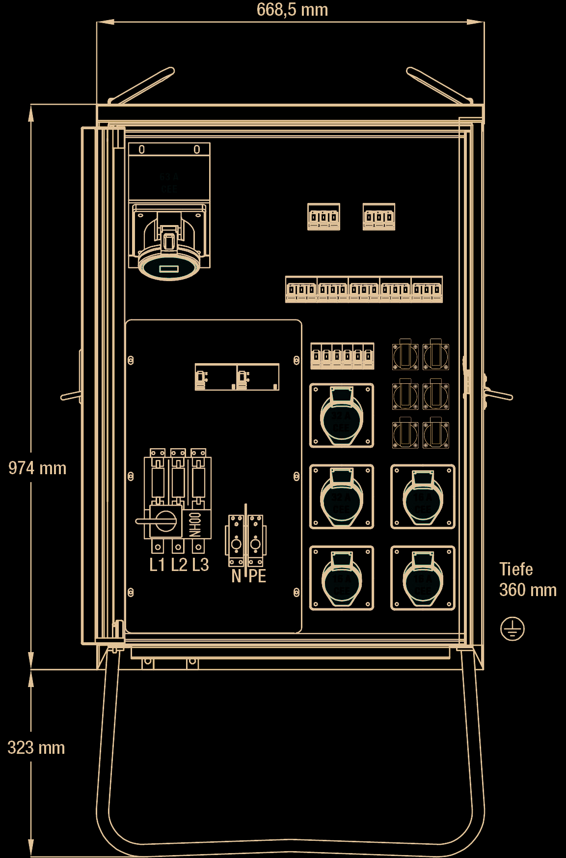 'Dessin technique : Boîte de distribution mobile avec prises et interrupteurs. Dimensions : 668,5 mm x 974 mm x 360 mm. Branchement principal : 63 A CEE.'