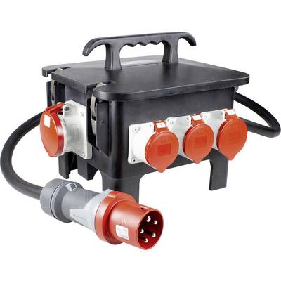 'Boîte de distribution électrique noire avec plusieurs prises électriques rouges et blanches et un câble épais avec fiche, adaptée aux chantiers.'