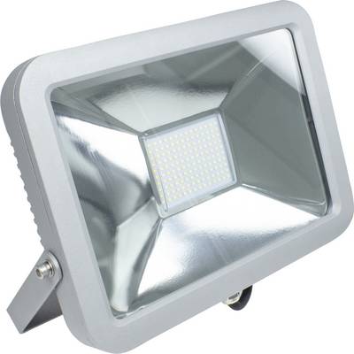 Un projecteur LED rectangulaire au boîtier argenté, adapté à l'éclairage extérieur. Il est équipé d'un couvercle en verre transparent et conçu pour une installation murale.