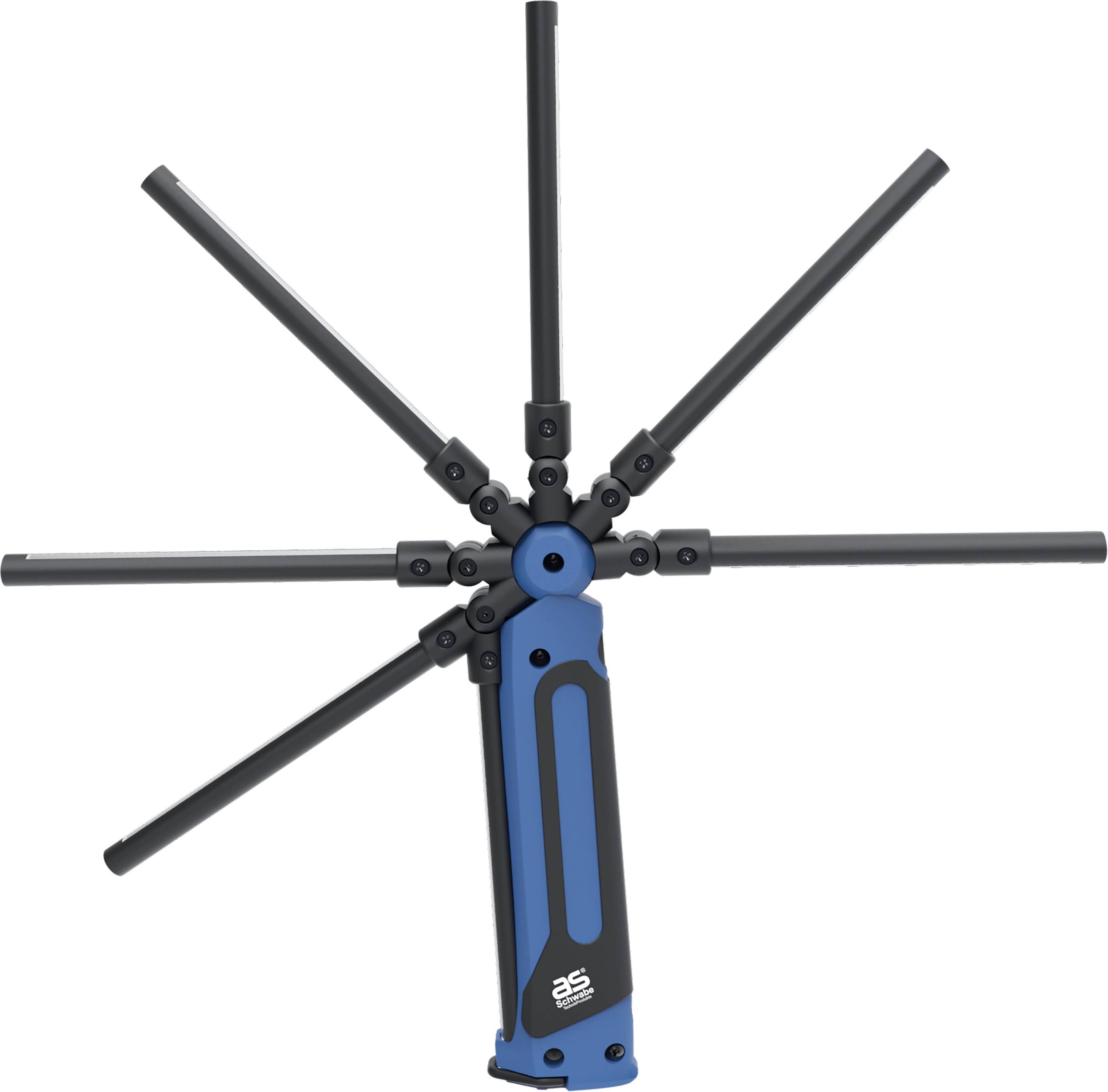 Un outil multifonctionnel bleu-noir avec plusieurs bras escamotables disposés en éventail, adapté à différentes applications.