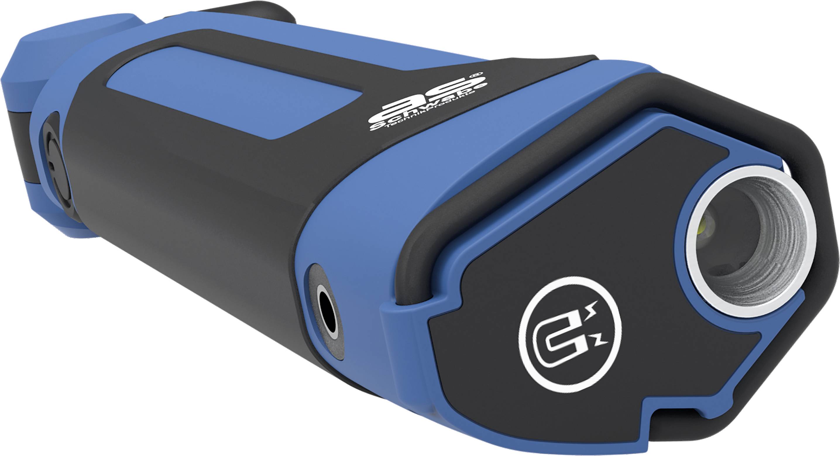 Lampe de poche portable d'urgence bleu-noir au design ergonomique avec logo argenté sur fond noir à l'avant.