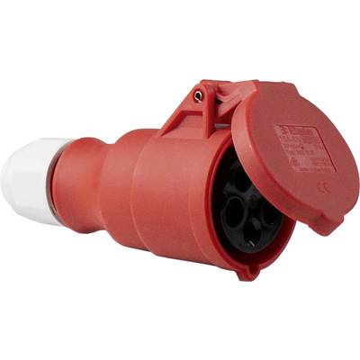Prise industrielle rouge avec couvercle ouvert, disposée horizontalement. Adaptée aux raccordements électriques haute performance dans les zones commerciales.