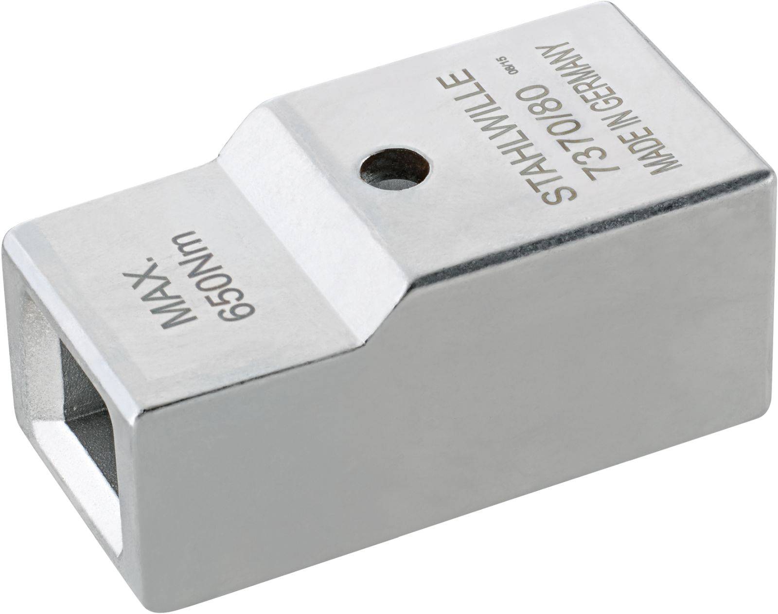 Adaptateur métallique avec inscription 'MAX. 650 Nm', marque 'STAHLWILLE', numéro de modèle '737080', mention de fabrication 'MADE IN GERMANY'.