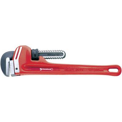 Clé à molette rouge avec mâchoire noire dentelée et inscription 'HEAVY DUTY'. Adaptée pour saisir et faire tourner des tuyaux.
