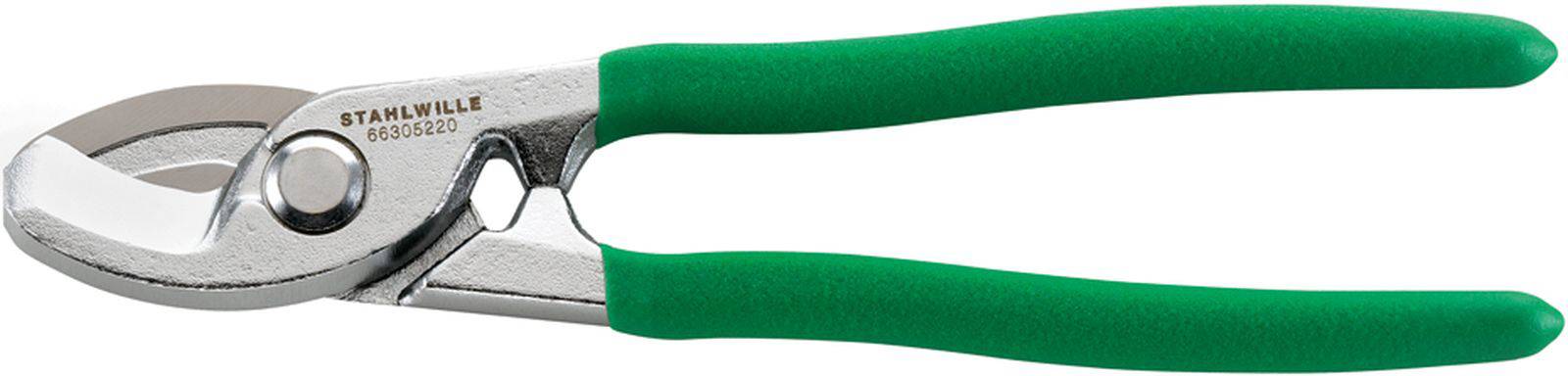 Ciseau à câbles vert, actionné manuellement, doté de lames tranchantes, adapté pour couper proprement les câbles et les fils.