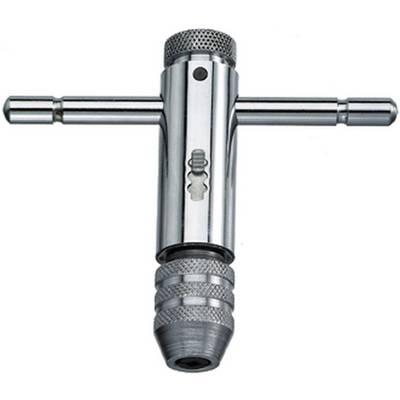 Adaptateur métallique en T pour perceuses. Capuchon rainuré en haut, deux poignées sur les côtés, mandrin réglable en bas.