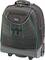 Un sac à dos noir avec des accents verts et plusieurs poches. Une poignée est visible en haut. Le sac à dos est posé sur deux roues.